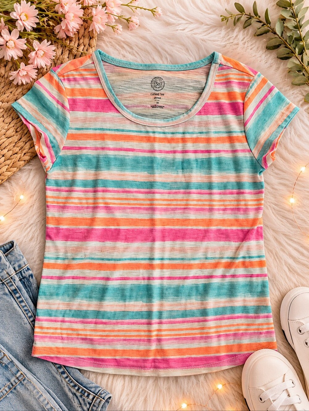 SO Girls Short Sleeve Tee Pink Blue Orange White Striped